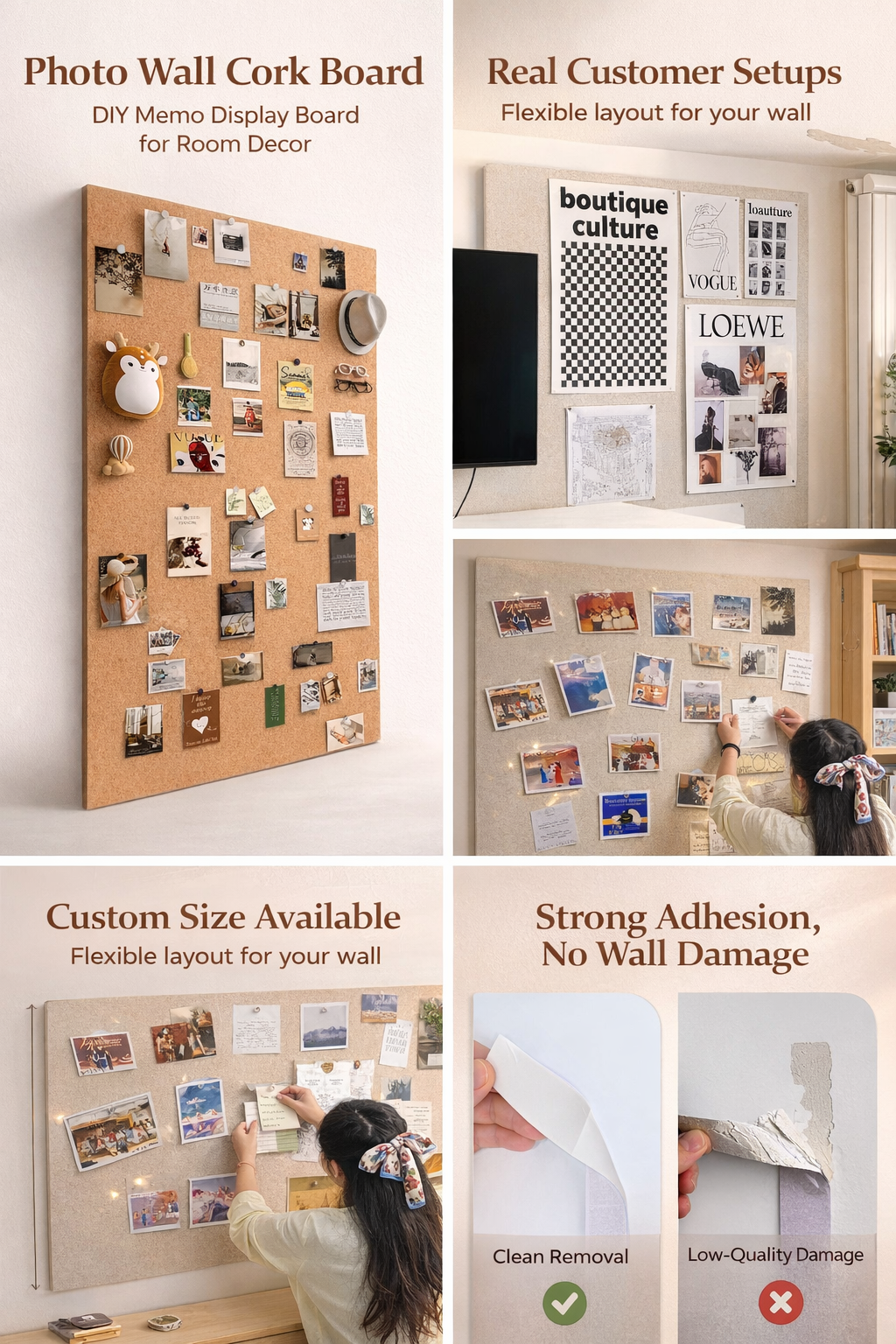 Photo Wall Cork Board – DIY Memo Display Board for Pictures, Notes & Room Decor, Easy Install No Wall Damage