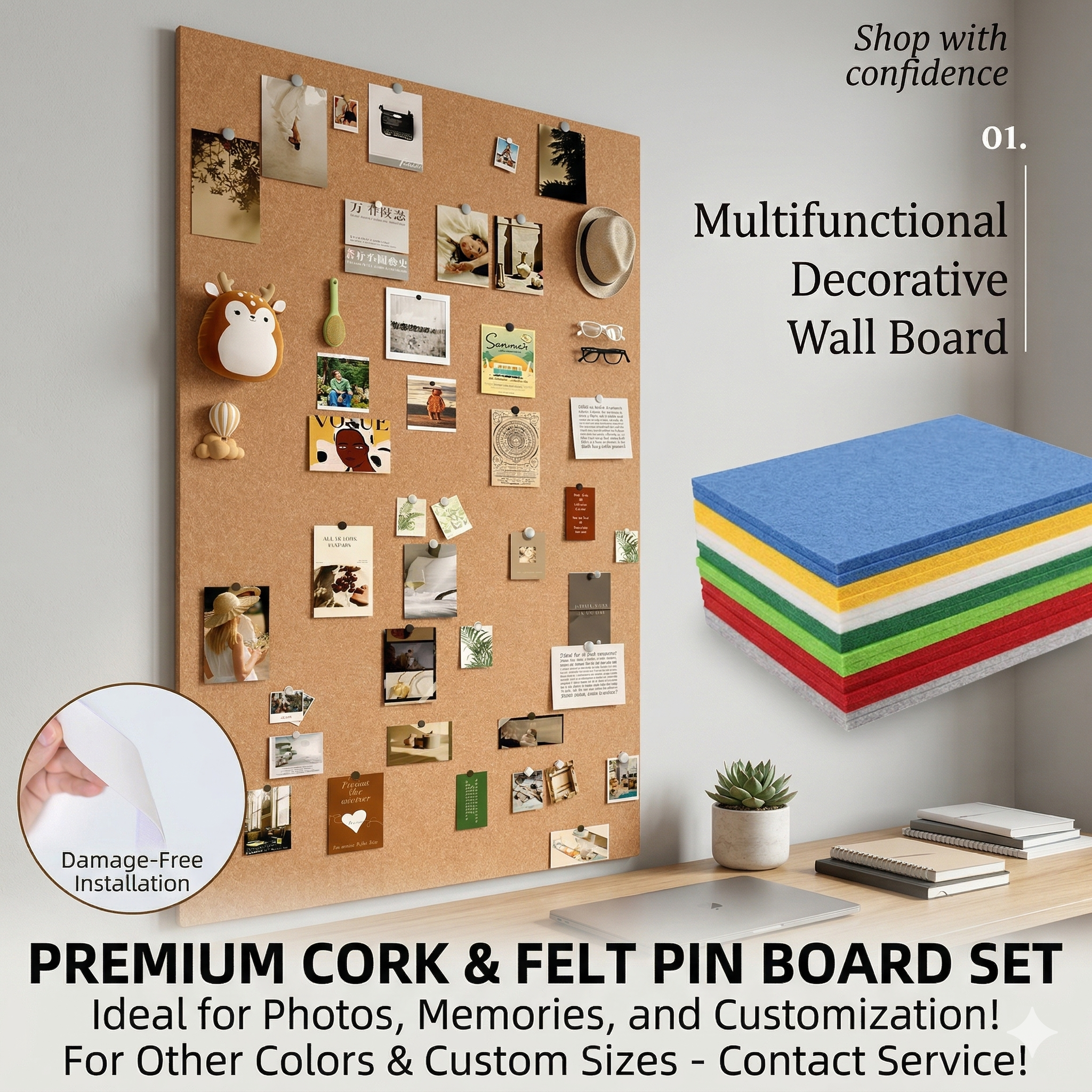 Photo Wall Cork Board – DIY Memo Display Board for Pictures, Notes & Room Decor, Easy Install No Wall Damage